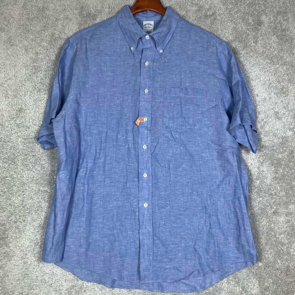 Brooks Brothers Button Up Shirt Mens XL Blue Irish Linen Slim Fit Short Sleeve